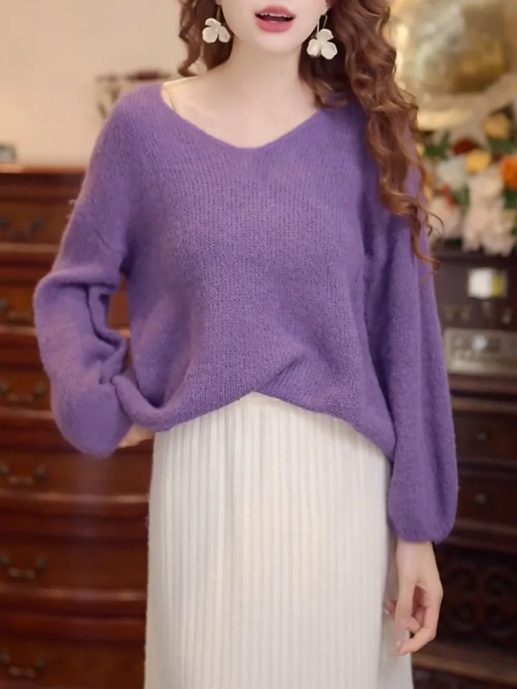 

Sweet Purple Knitted Sweater Faionable Large Size Women's Clothing Autumn 2025 Sli Personali Versatile Slimming Top