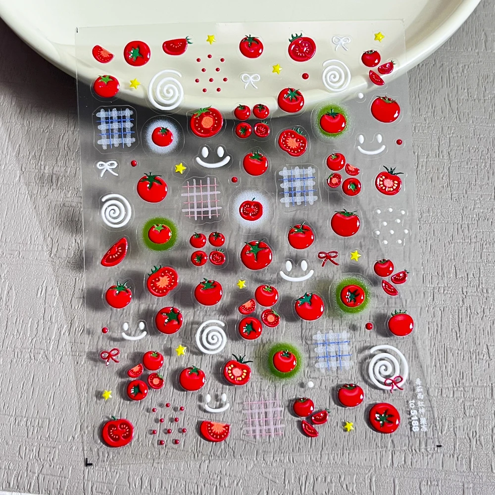1개 5D 쥬시 레드 토마토 네일 아트 스티커 귀여운 젤리 보우 노트 화이트 소용돌이 롤리팝 디자인 네일 데칼 Y2K 과일 매니큐어 데코