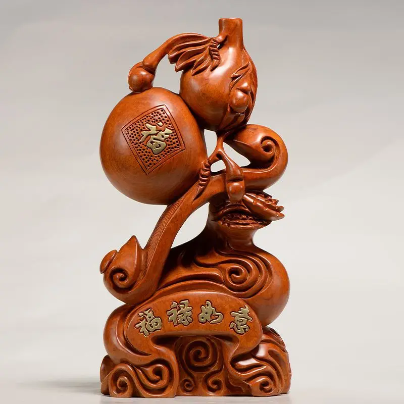 Pear solid wood carving Fulu Ruyi ornament wood root carving creative gourd living room TV cabinet decoration crafts