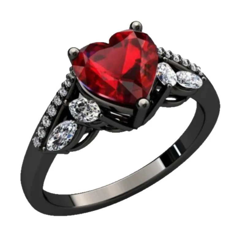 

Fashionable black set with red zircon ring, high-end heart-shaped women's finger, Halloween and Christmas jewelry gift