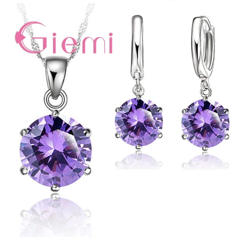Newest Simple Style Colorful CZ Jewelry Set 925 Sterling Silver  Accessories For Lady Charm Pendant Necklace Hoop Earrings