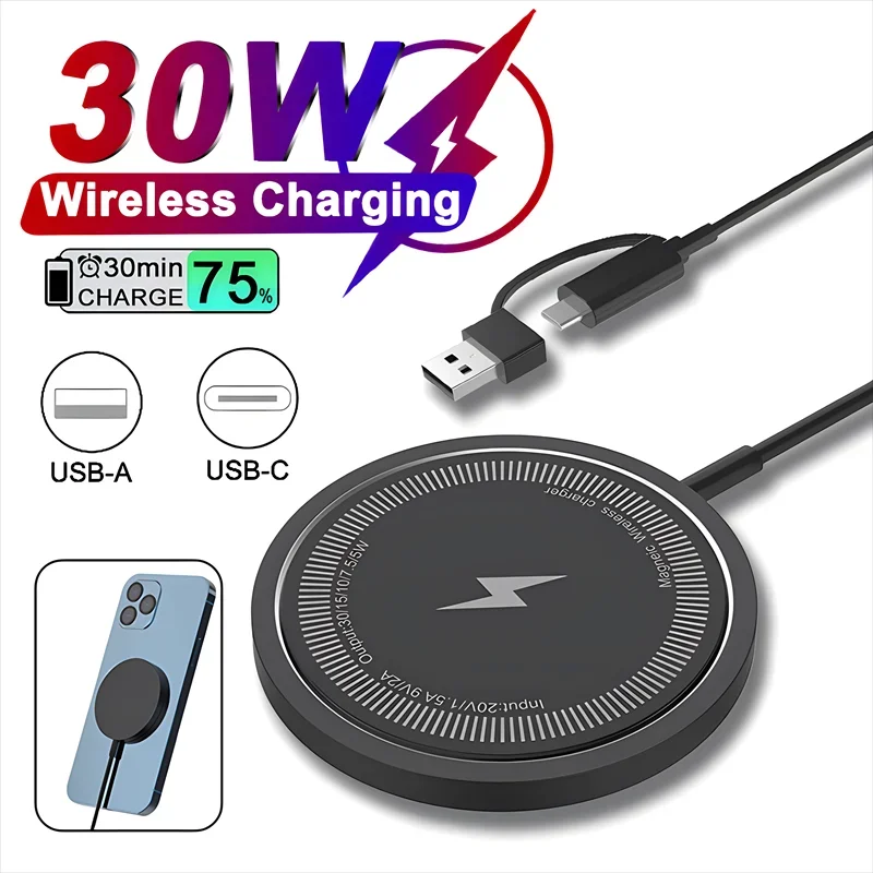 30W Magnetic Wireless Charger Fast Charging Pad Stand for iPhone 15 14 13 12 Pro Max Airpods PD Macsafe Phone Chargers Station