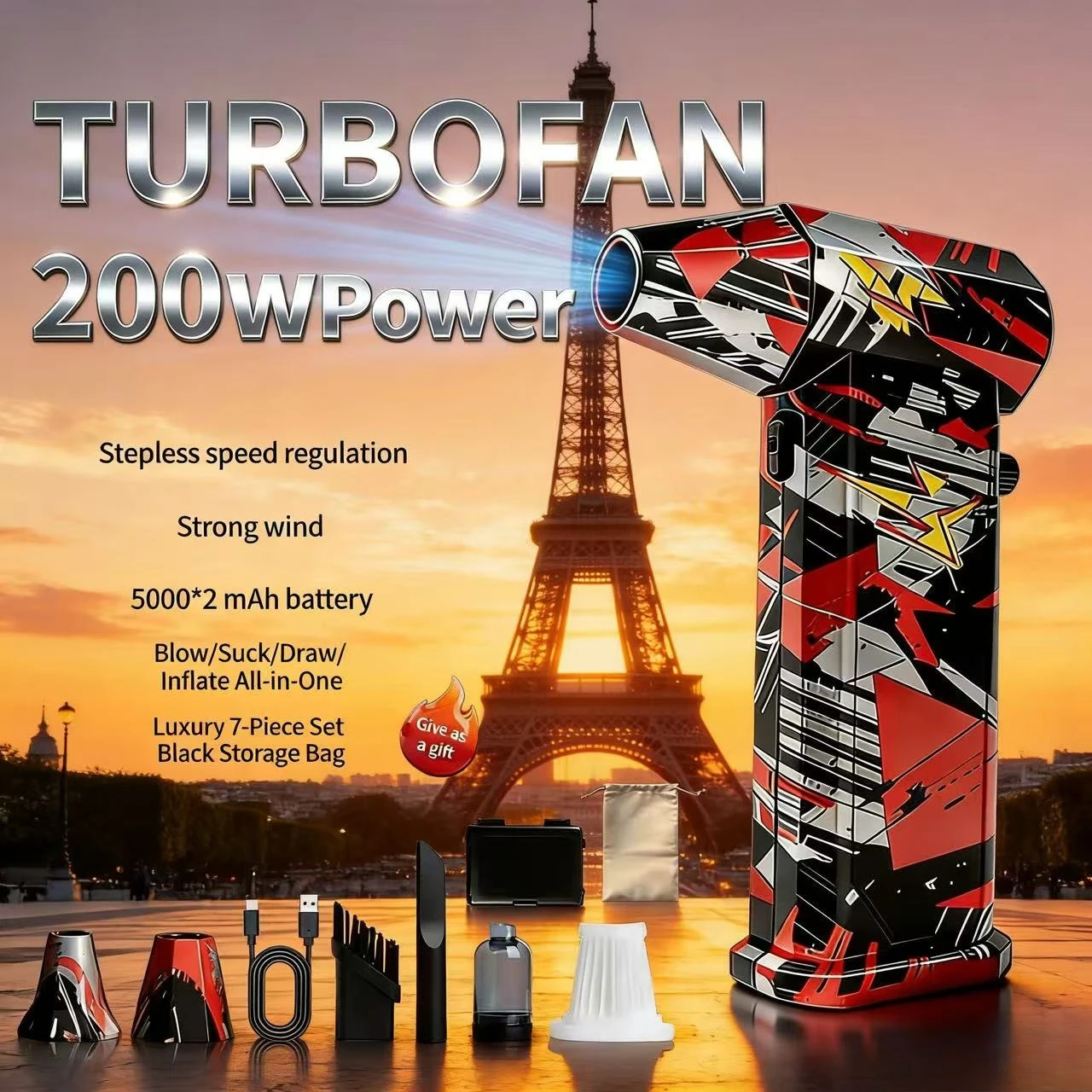 

Brushless vacuum X9 silver-black-red fan, 650,000 RPM, wind speed 75m/s, turbo jet hair dryer，car wash gun，Snow Dust Cleaner.