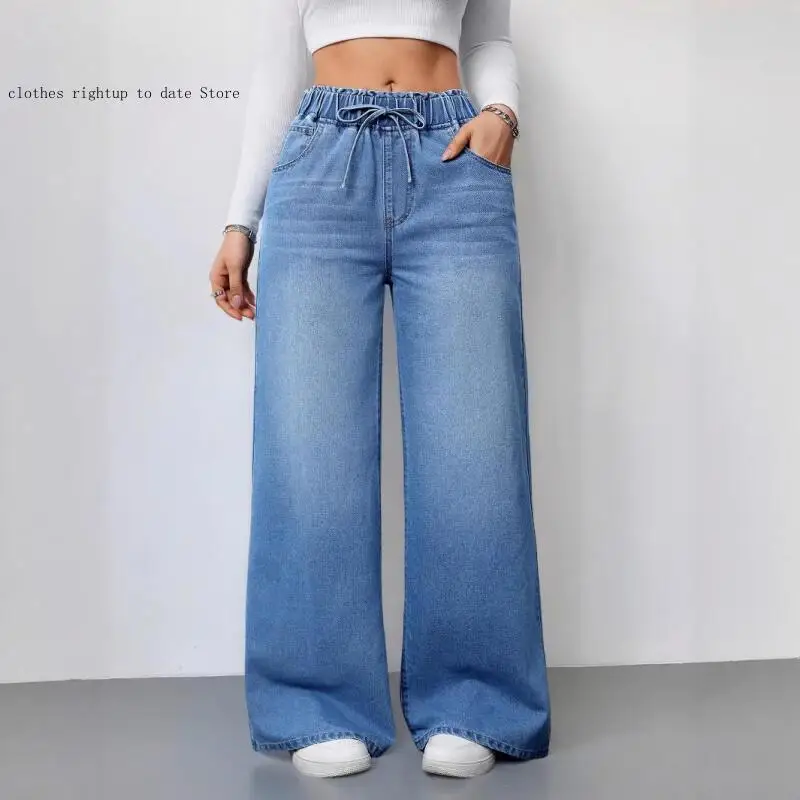 Elastic Waist Women's Straight Leg Wide Leg Jeans Washed Vintage Casual Minimalist Denim Trousers Loose Casual Basic Pants
