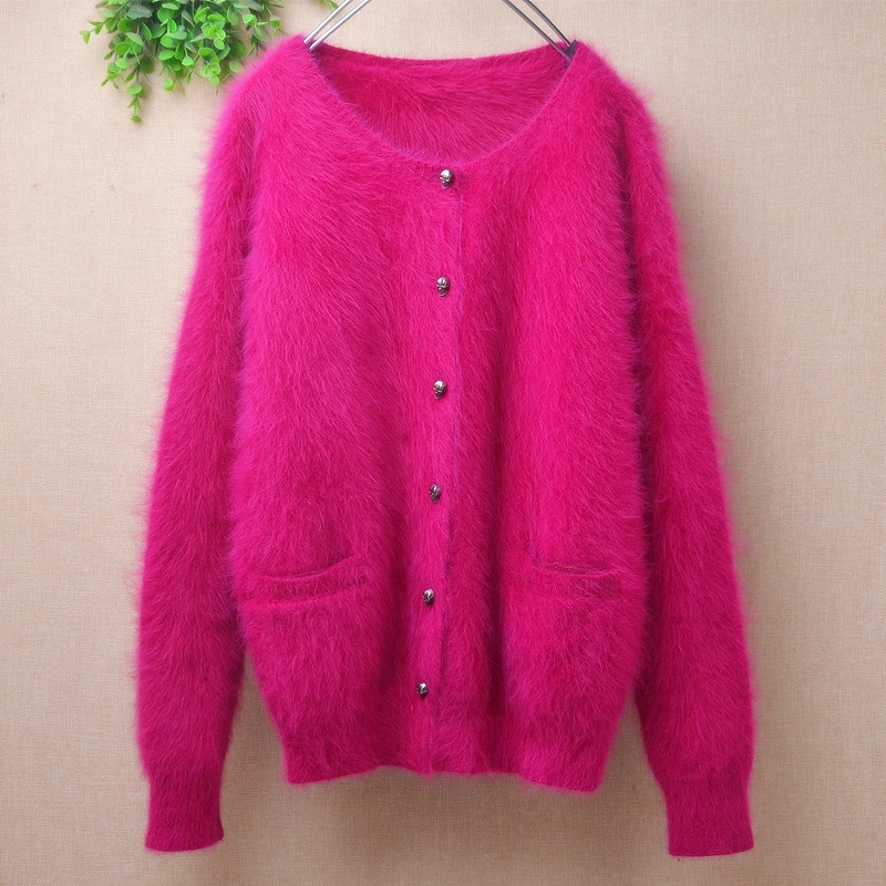 

04 Ladies Women Fall Winter Clothing Pull Rose Hairy Mink Cashmere Knitted Long Sleeves Slim Cardigans Angora Fur Jacket Sweater