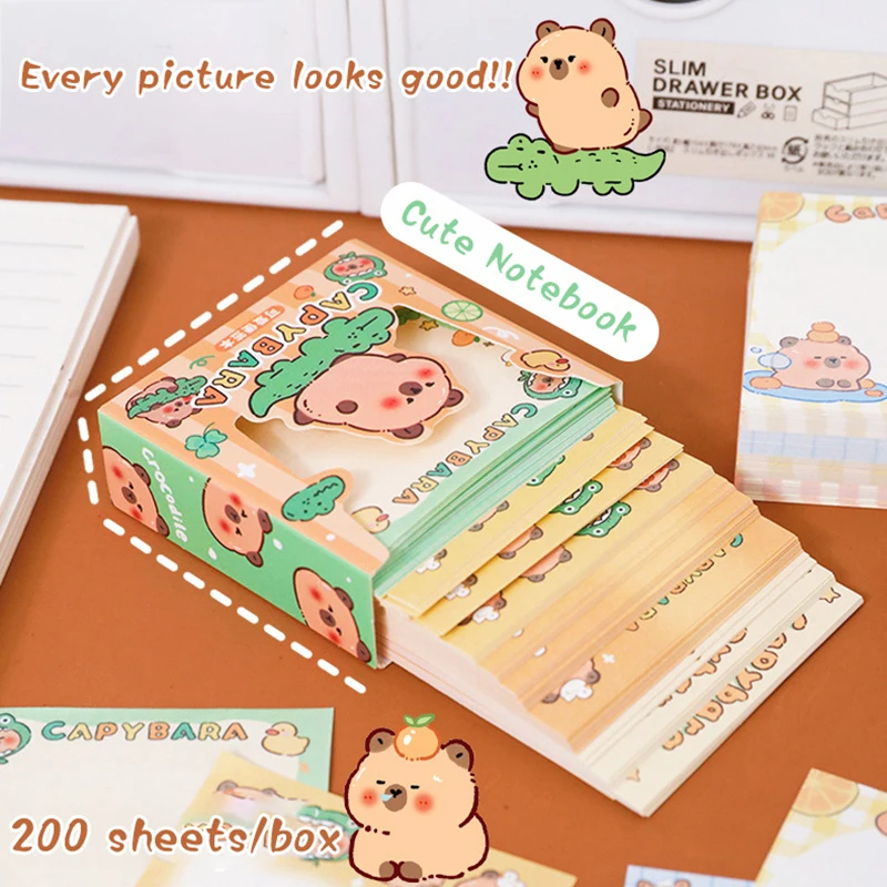 200Sheets Cute Cartoon Capybara Non Sticky Note Book Notes Pull-out Type Note Paper Tearable Note Paper Aesthetic Stationery