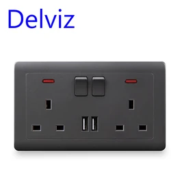Delviz Wall USB Double Socket, Switch control 2A USB Charger Port, AC 110V~250V, 146mm*86mm panel, UK Standard 13A Power Outlet