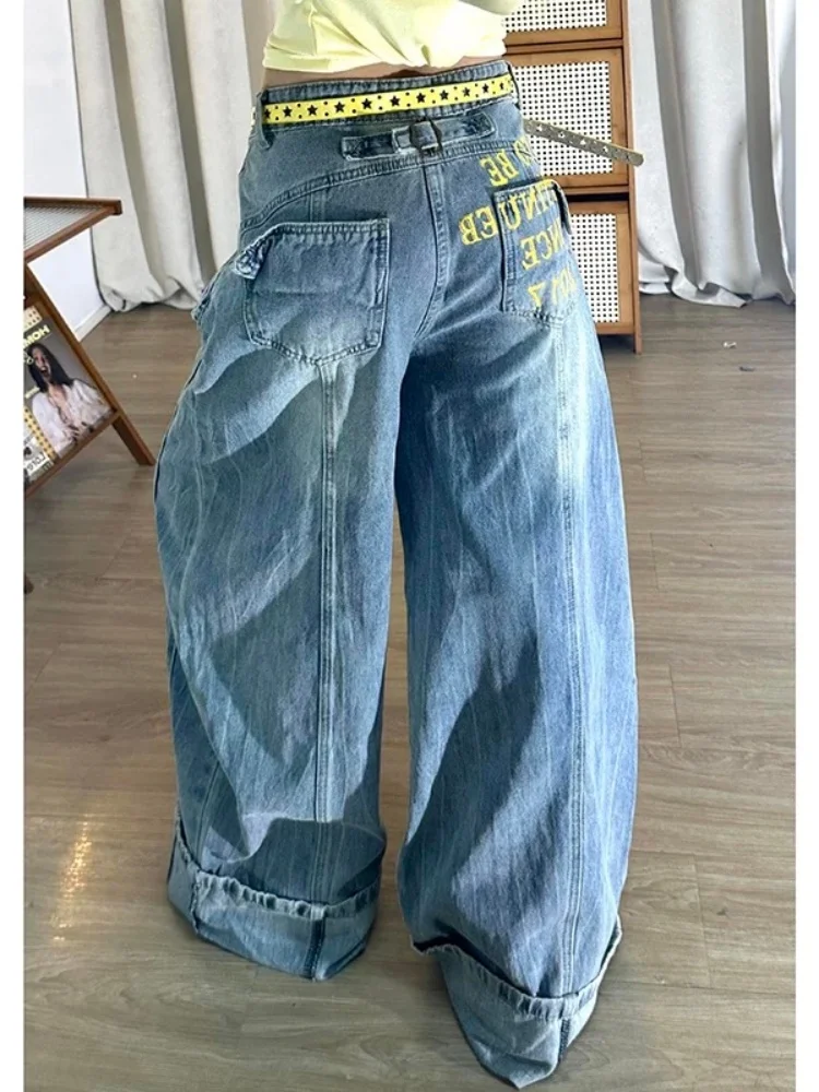 2025 American Retro Y2K Style Double Waistband Blue Baggy Women's Jeans Pants Wide Leg Woman Clothing Streetwear Denim Trousers