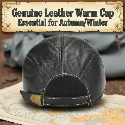 Cap Genuine Leather Men's 2026 Casual Real Leather Earflap Cap Men Real Cowhide Leather Caps Male Fall Winter Genuine Real Cow Leather Baseball Hats