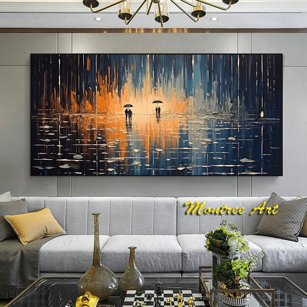 Hand Painted Oil Painting Abstract Rain Scenery Oil Painting on Canvas Original Couple Painting Living room Wall Decoration