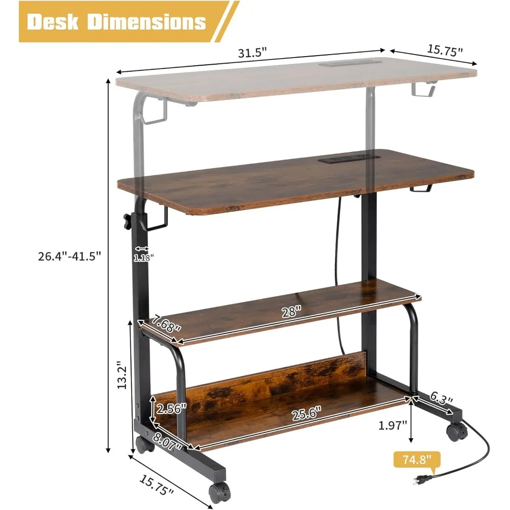 مكتب دوار محمول من كارل هوم 31.5 مع ميزة قابلة للتعديل للارتفاع للاستخدام الدائم، مكتب على عجلات مع منفذين تيار متردد و3 USB #3
