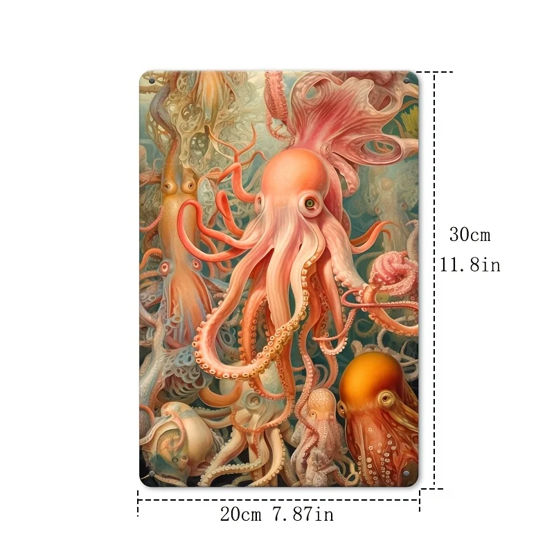 Metal Octopus Wall Art - 8x12 Inch Retro Iron Tentacle Decoration Plaque, Unique Marine Theme Suitable for Bedroom,, Restaurant,