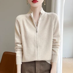 Autumn and winter new 100% pure wool cardigan women's semi-high collar thickened loose fashion solid color coat cashmere sweater