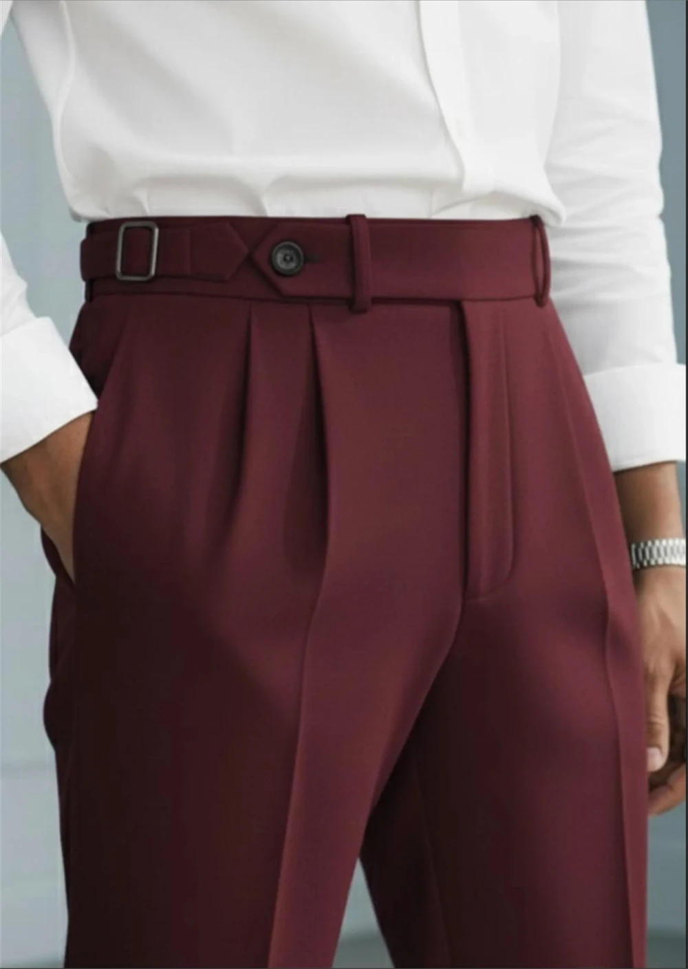 

Винтажные мужские брюки бордового цвета с высокой талией, плиссированные, классического кроя, с боковыми регуляторами, пошитые на заказ