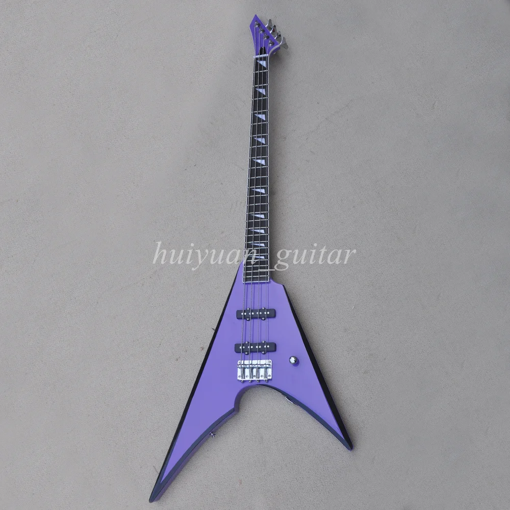 Flyoung 4 Strings Purple V Electric Bass Guitar with Black Trim Rosewood Fretboard 24 Frets