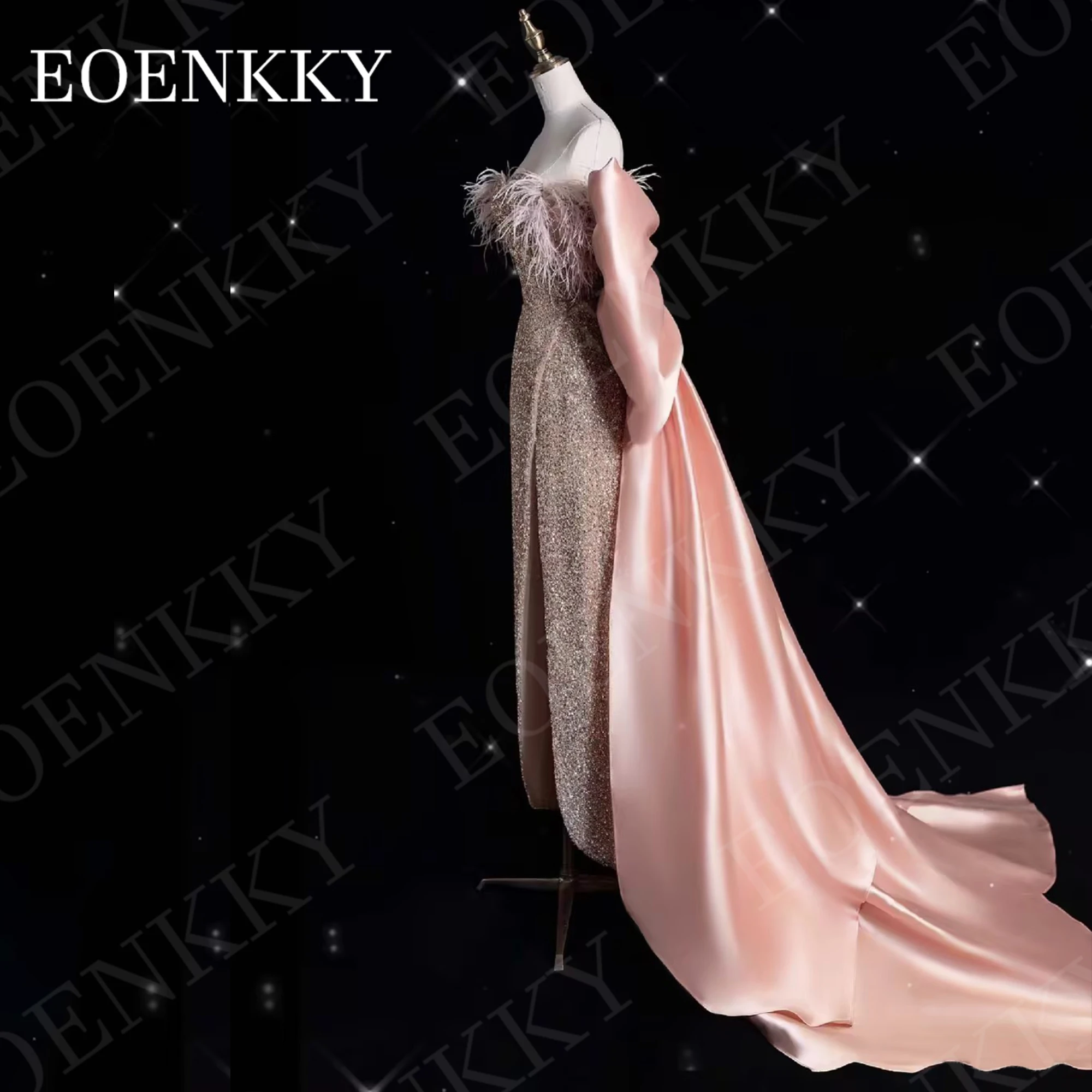 EOENKKY Luxury Mermaid Evening Dress Sparkly Sequins Feathers Off Shoulder Special Occasion Dresses Split Detachable Bow Train