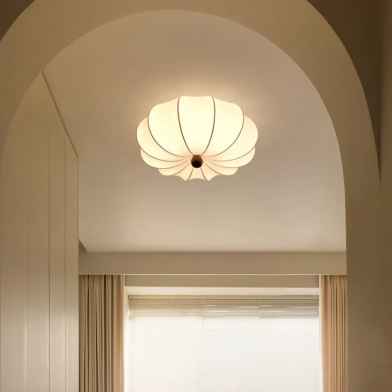 French Simple Round Ceiling Lamp with Cream White Fabric Lampshade, Decor Light for Living Room, Study, Bedroom, Office and Cafe