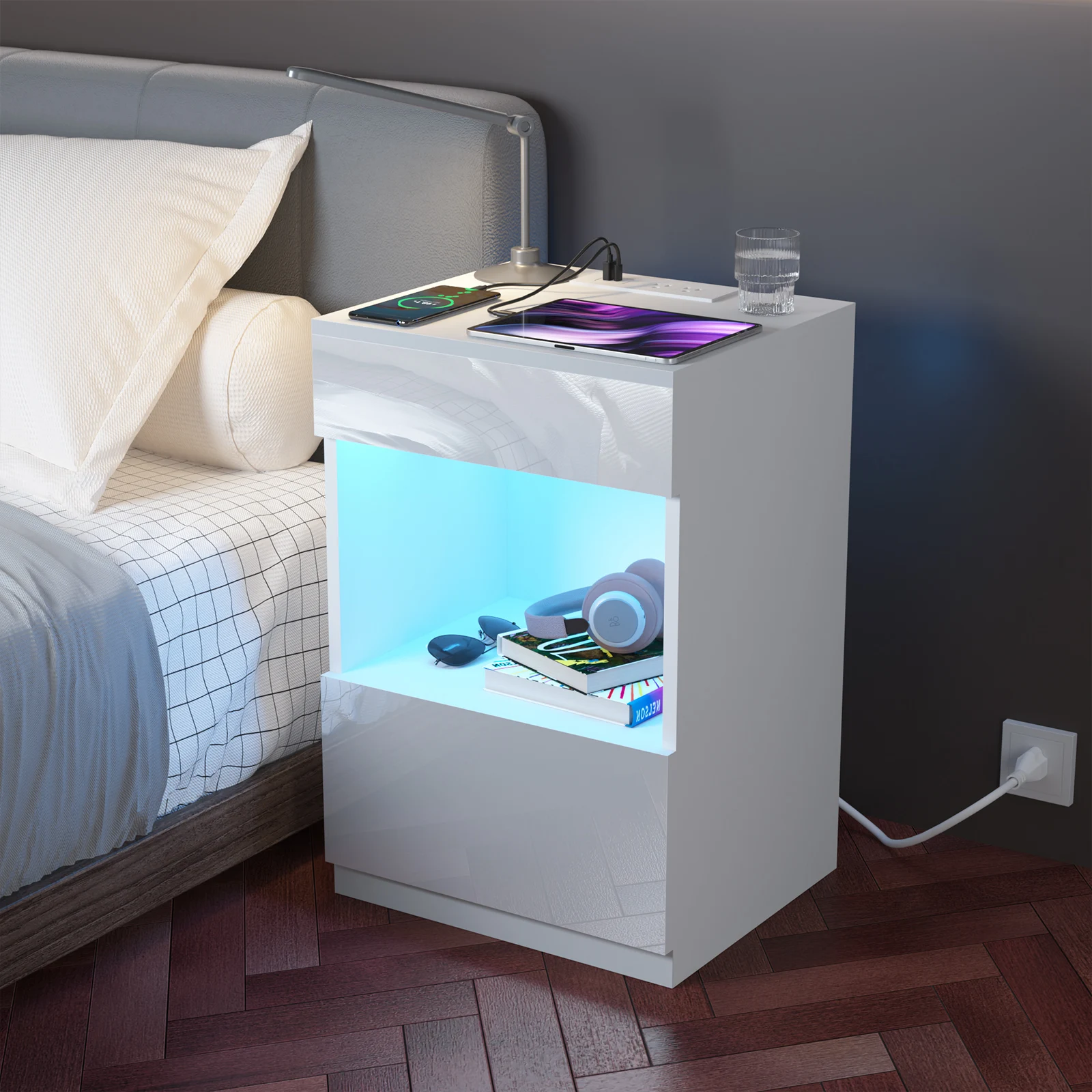 Smart Side Bed Table With 2 Drawer 16 LED Lights Nightstands USB Charging Modern Home Furniture Cabinet Storage Cabinet Storage