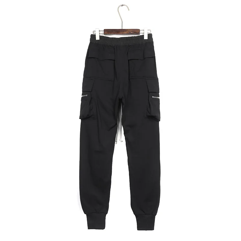 Dark RO Black High Street Multi Pocket Work Fashion Men's Elastic Waist Shell Pants Leg Binding Pants Slim Casual Pants