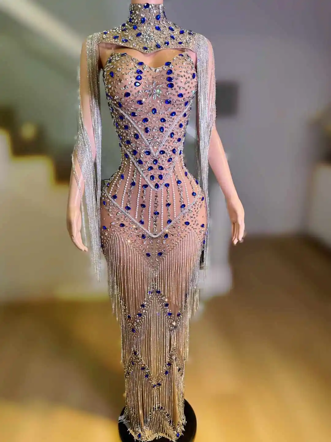 Vestido brillante de diamantes de imitación para mujer, cadena de perforación, elegante, para baile de graduación, Club nocturno, cantante, ropa de escenario, ocasiones, Drag Queen