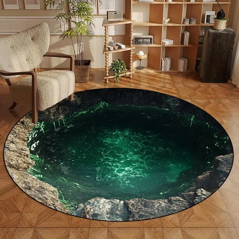 3D Illusion Round Floor Mat Fantastic Crack Pit Landscape Print Rug Fashion Home Accent Bedroom Living Room Indoor Decor Space