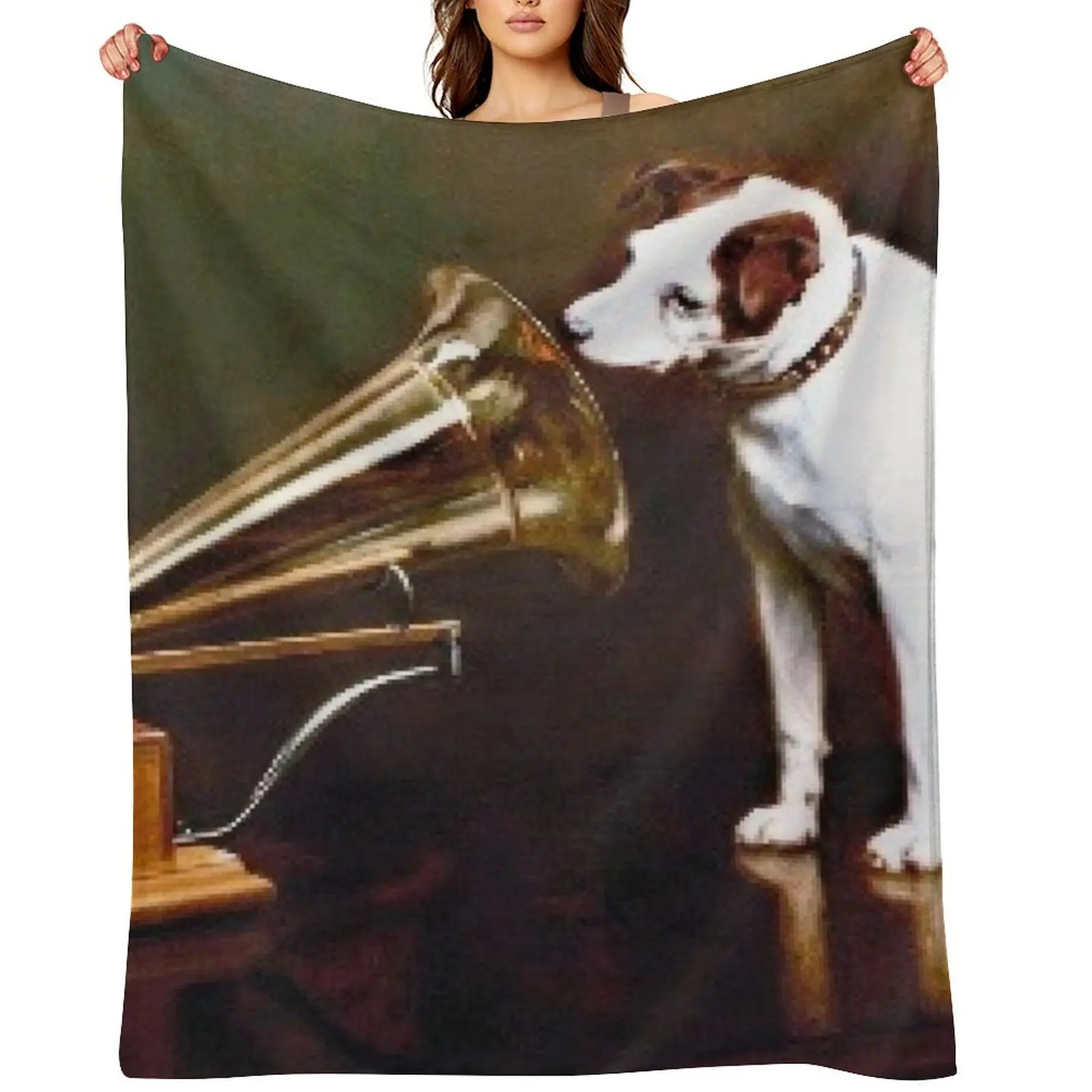 

His Master's Voice by Francis James Barraud in 1898- Cute Dog Looking At Gramophone Throw Blanket Fashion Sofas Blankets
