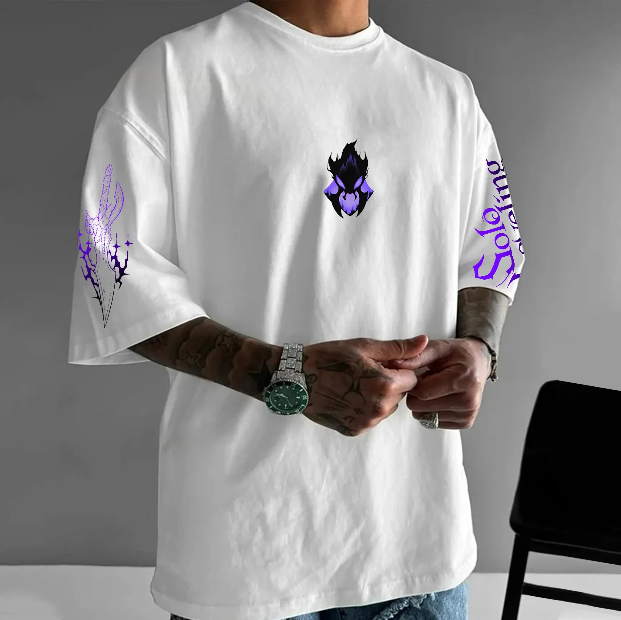 سولو التسوية أنيمي الطرفية تي شيرت 2026 الرجال والنساء الصيف جديد Harajuku كبير عصري Y2K عادية فضفاض الوالدين والطفل