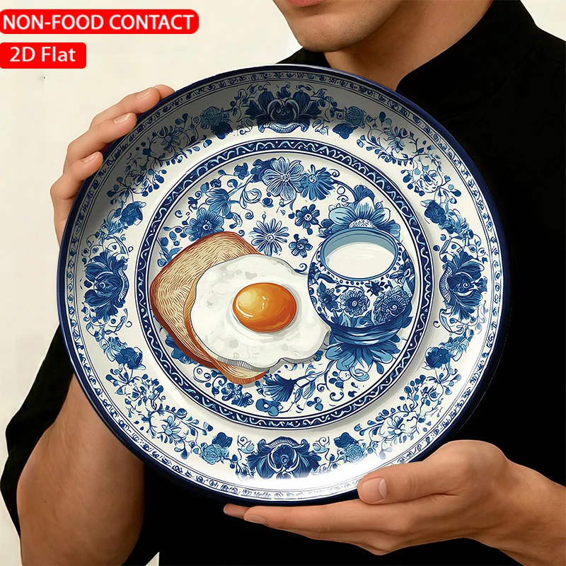 1pc FORJN Ceramic Decorative Plate - Modern Round Blue Floral Fried Egg Toast & Milk Art Plate Suitable, Living Room,, Non-Food