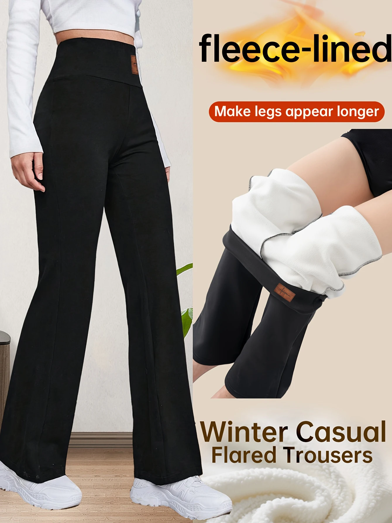 Damen-Hose mit hoher Taille, Fleece-Futter, ausgestellte Hose, warme Winter-Freizeithose, lässt die Beine länger erscheinen, dehnbar, bequem, schwarzer Bott