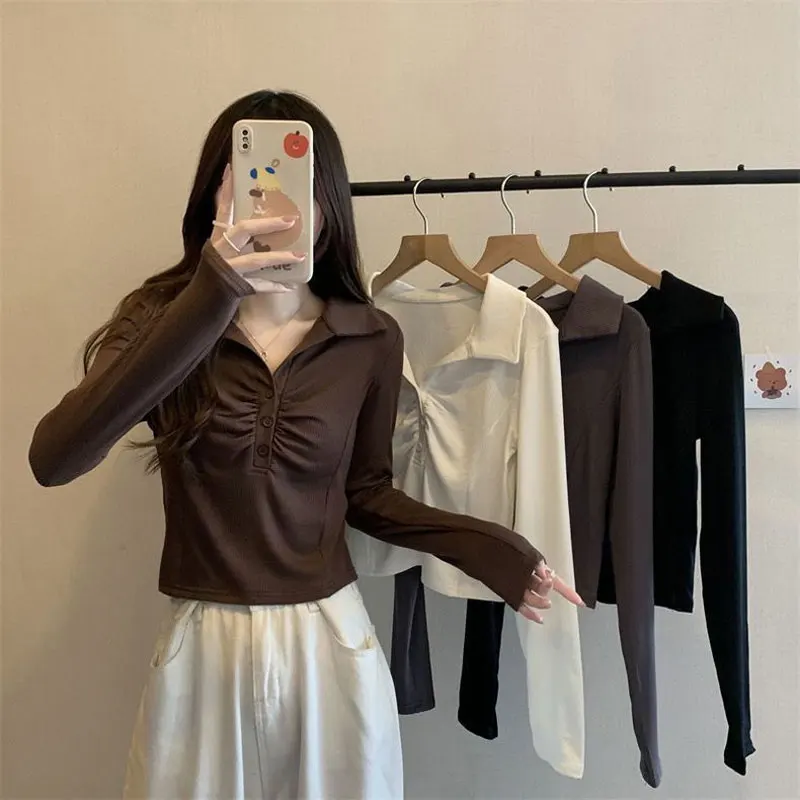 

Basic Fashion Folds Slim Pullovers Women's Clothing Solid Color Casual Polo-Neck Button Spring Autumn Korean Long Sleeve T-shirt