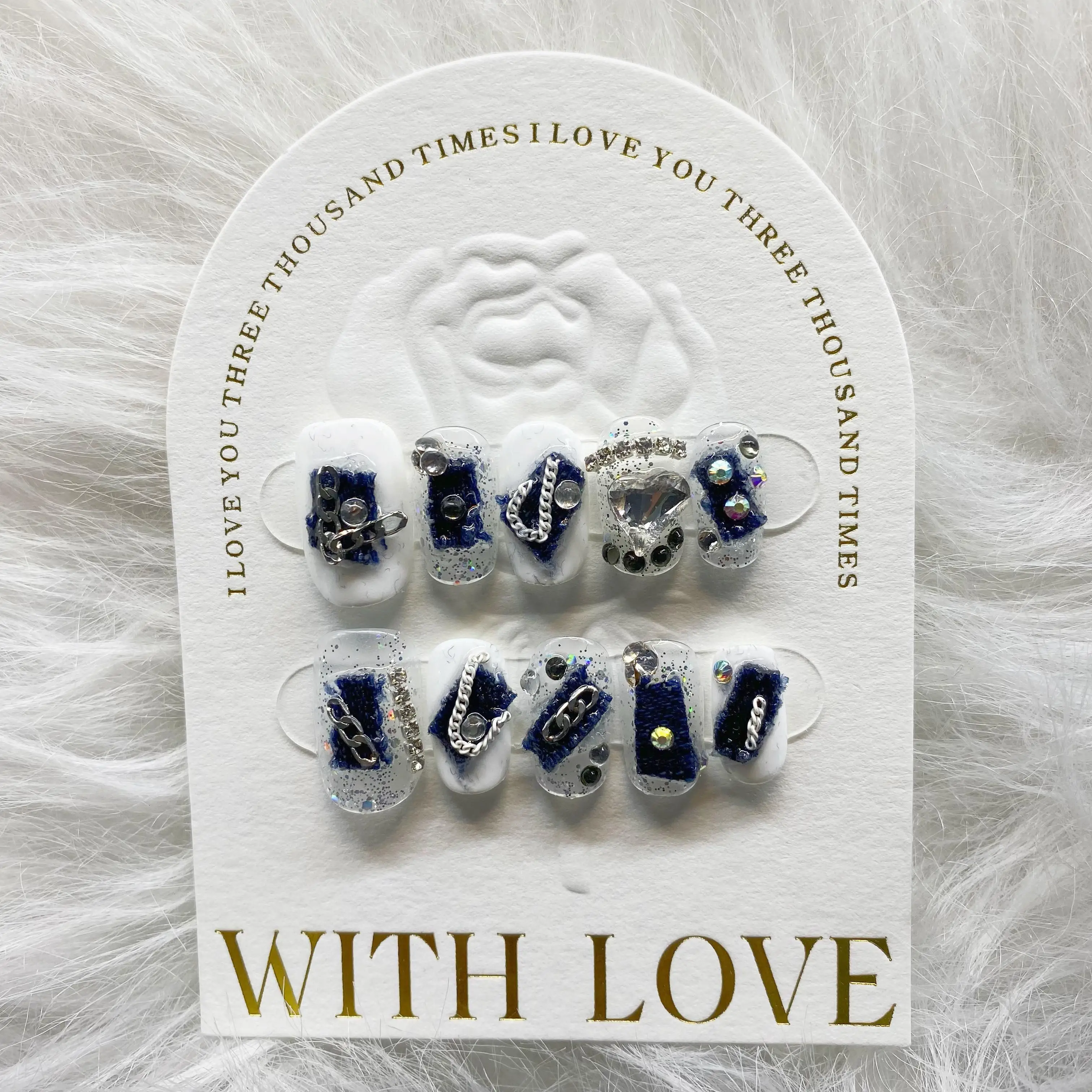 Chain Denim Sparkling Heart Short Detachable Reusable Elegant White Handmade Press On Nails.No.D013