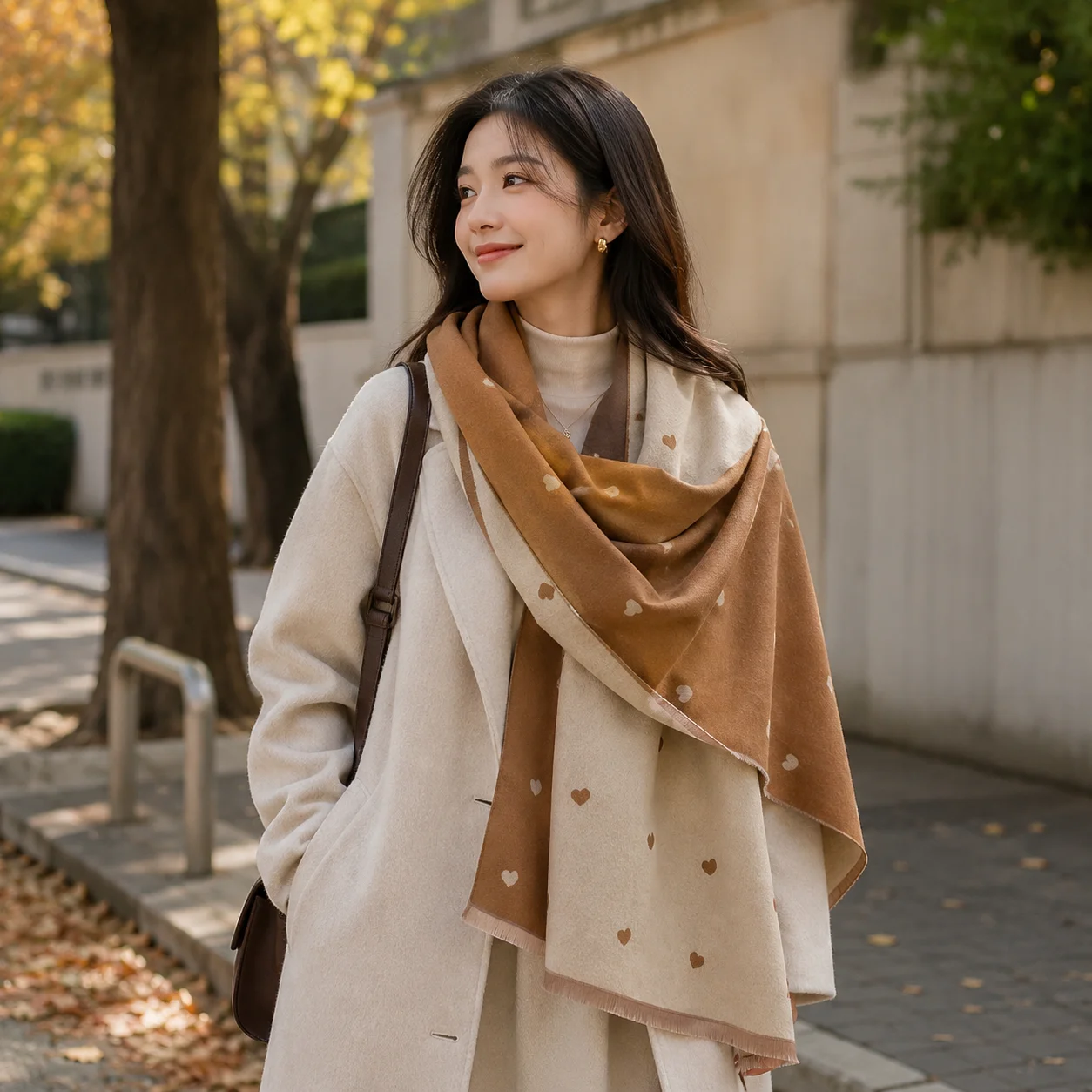 Women Scarf Shawl Heart‑shaped Textured Color Block Double‑sided Faux Cashmere Warm Neck Warmer Wrap for Autumn Winter