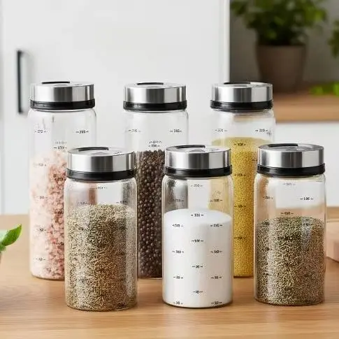 1PC 200/300/500ml High Borosilicate Glass Seasoning Can Salt Sesame Solid Condiment Seal Bottle Pepper Spice Shaker Rotary Lid