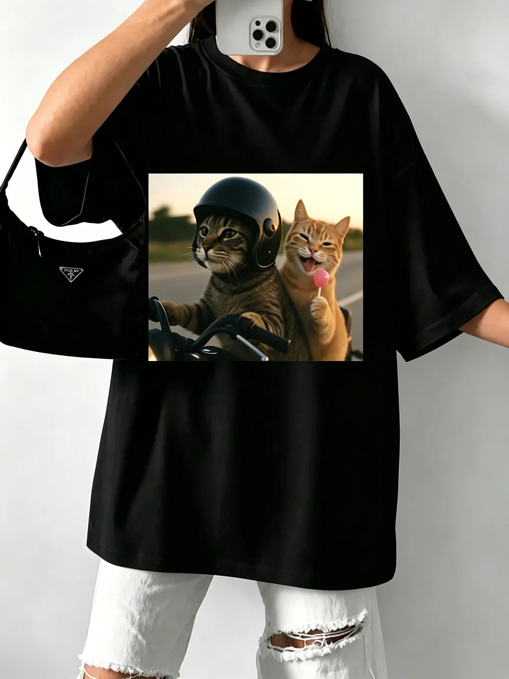 Fantastical Cat Double T-shirt (Riding Cat and Lollipop) - Black Short Sleeved Round Neck Summer Edition Unisex