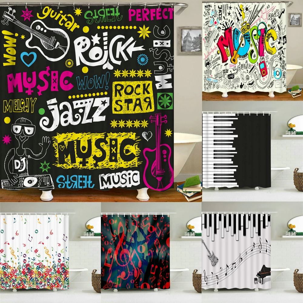 Music Rock Guitar Shower Curtains Modern Bathroom Curtains 3d Printed Decoration Waterproof Cloth with Hooks Bath Curtain