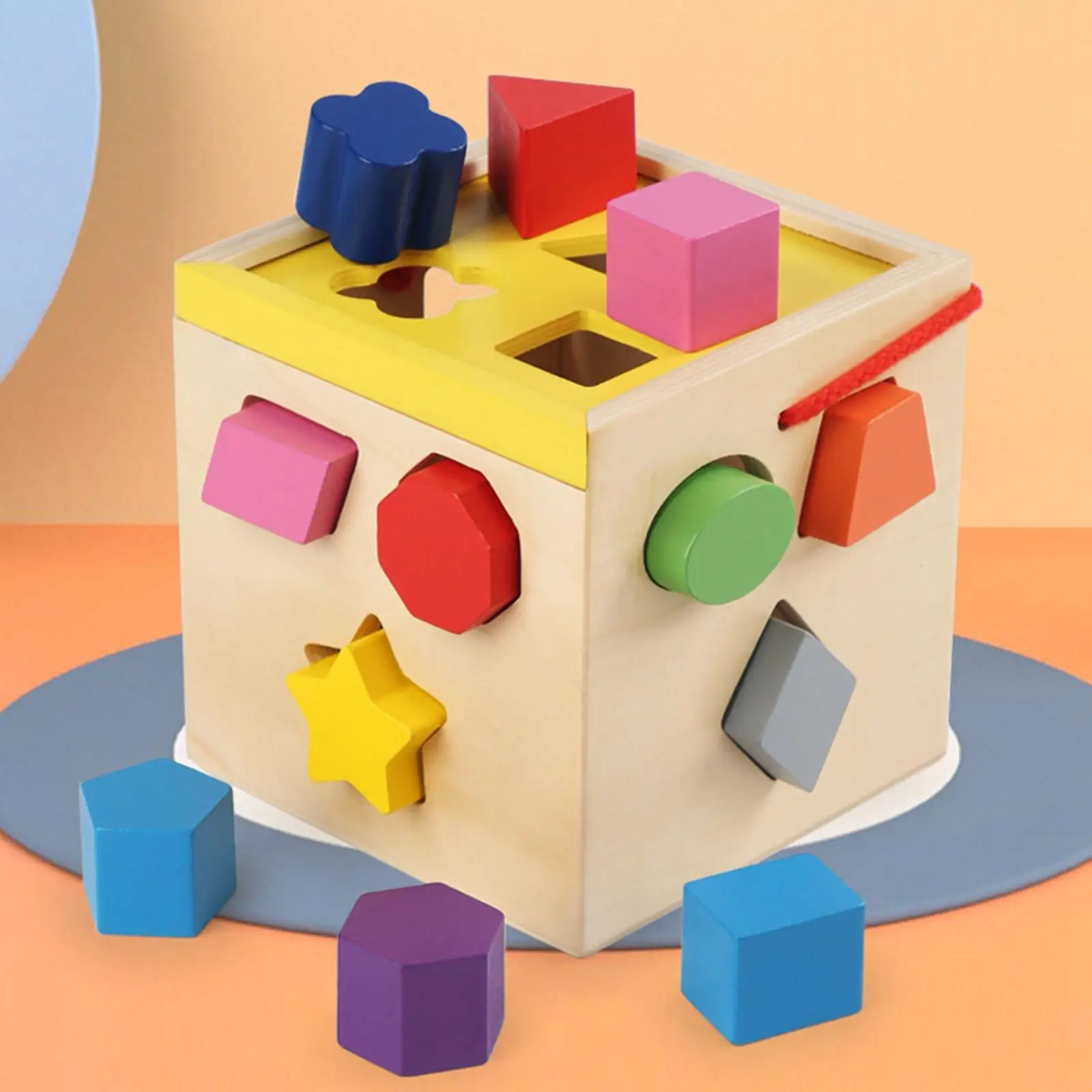 Wooden Activity Center Shape Sorting Cube Toy Box, Matching Interactive 12 Building Blocks, Wooden Activity Busy Cube