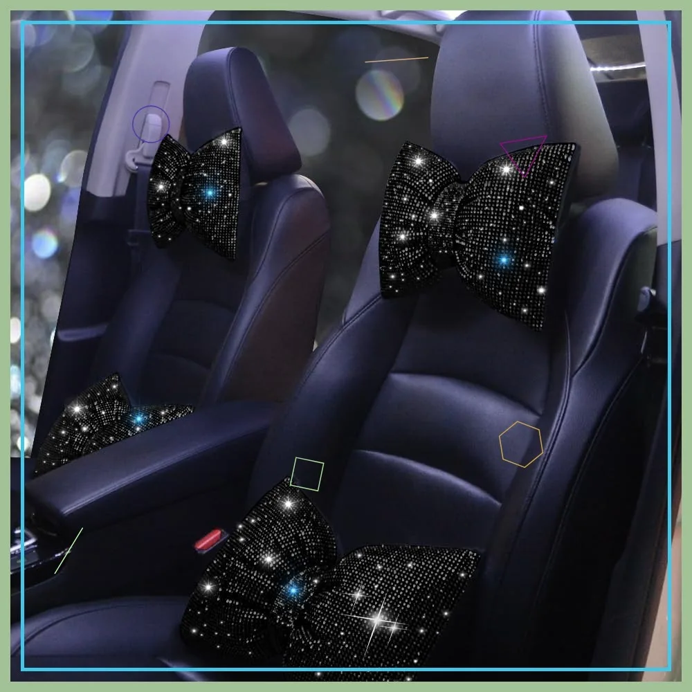 

Car Headrest Pillow Bowknot Neck Support with Rhinestone Accessories for Women Girls Black 2Pcs