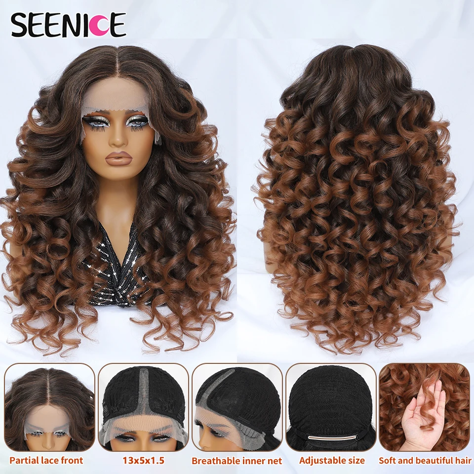 

Latisha Ombre Black Brown Lace Front Wigs For Women 24 Inch Synthetic Loose Wave Lace Wig Pre Plucked T Part 13x5 Afro Curly Wig