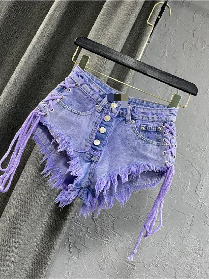 High Waist Fringed Denim Shorts Women's A-Line Wide Leg Trendy Hot Pants Summer Commute Slimming Effect Deep Blue Color