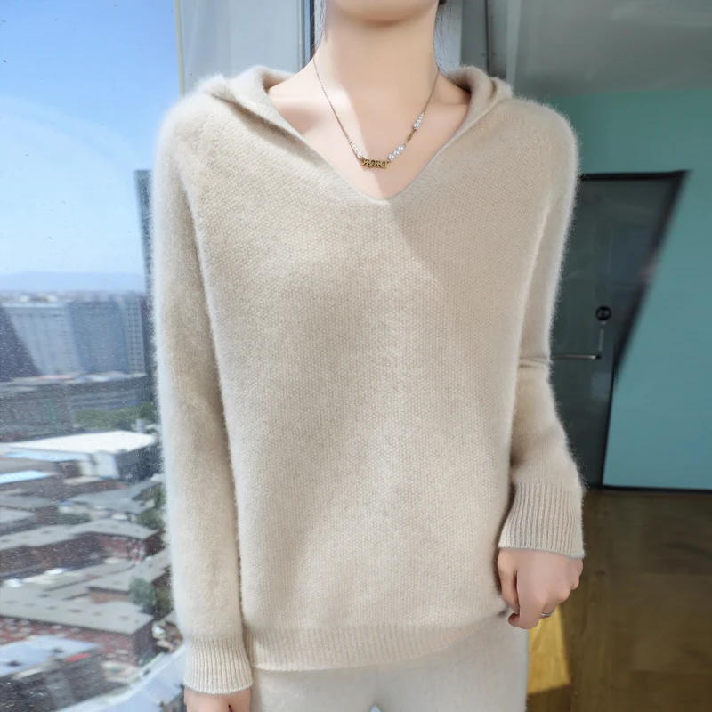 Fall/Winter 2024 New Women\'s 100% Merino Sweater V-neck hooded solid color casual fashion cashmere sweater top