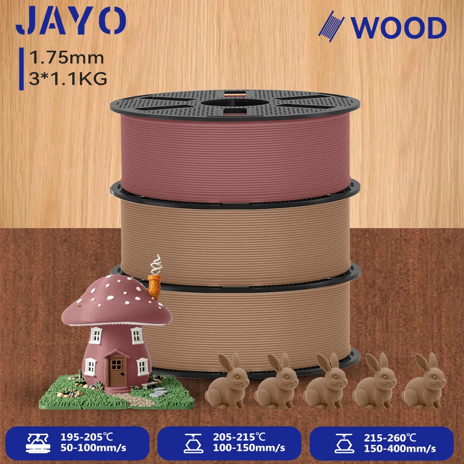 JAYO 3 Rollen Holz-PLA 3D-Filament 1,75mm 1,1KG/Rolle PLA Holztextur 3D-Drucker-Filament 10-15% Holzfaser 3D-Druckmaterialien