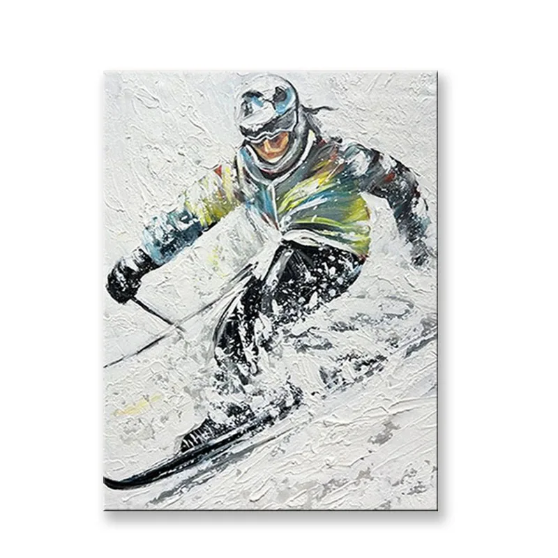 Pure Handmade Oil Painting Skiing Sports Living Room Figure Decoration Painting Living Dining Room Sofa Background Wall Hanging