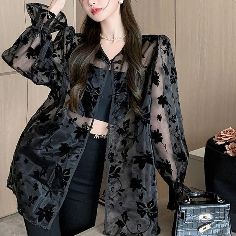 Women Chinese Style Vintage Sunscreen Cardigan Shirt Sexy Mesh See Through Loose Blouse Summer Black Long Sleeve Thin Tunic Tops