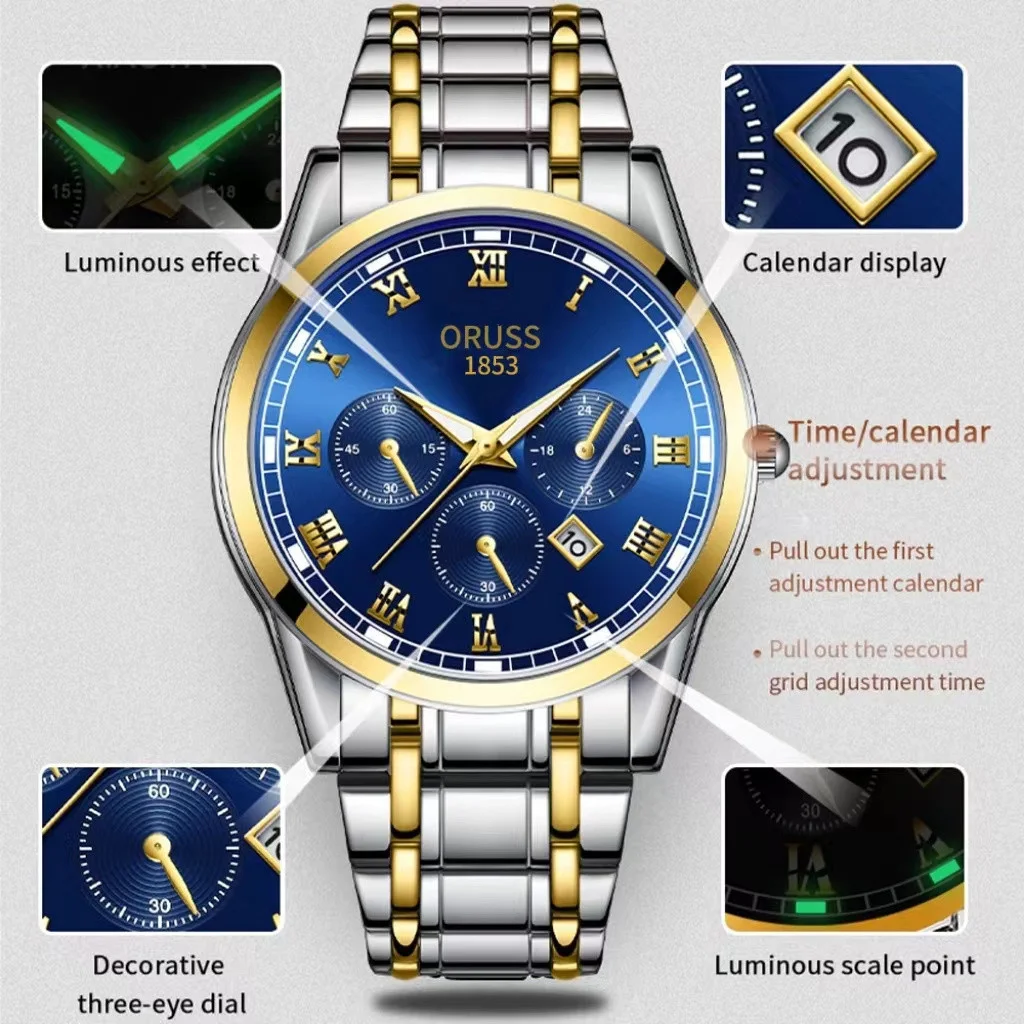 ORUSS Original Luxury Quartz Luminous Watch Men's Watch  for Men Freeshiping Fashion Wristwatches Stainless Steel Waterproof New