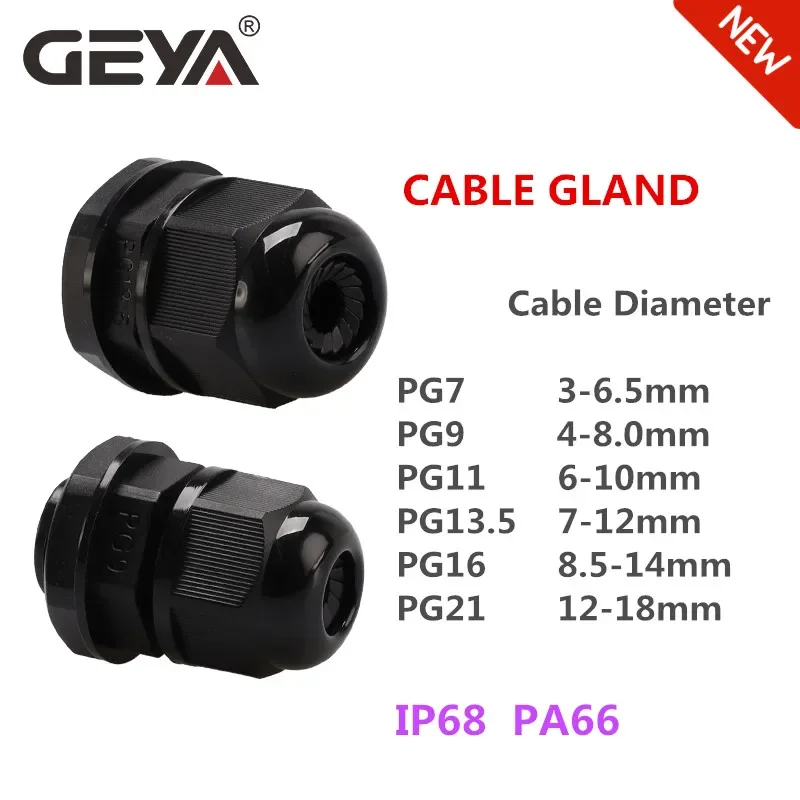 GEYA Waterproof Cable Gland IP68 Cable Wires Entry PG7 PG9 PG11 PG13.5 PG16 PG21 Nylon Plastic Cable Connector