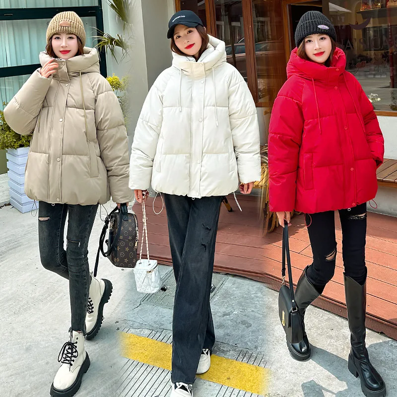 Hooded Parkas Coats Women Short Solid Jackets Zipper Drawstring Pocket Long Sleeves Thick Loose Office Lady Casual 2025 Winter