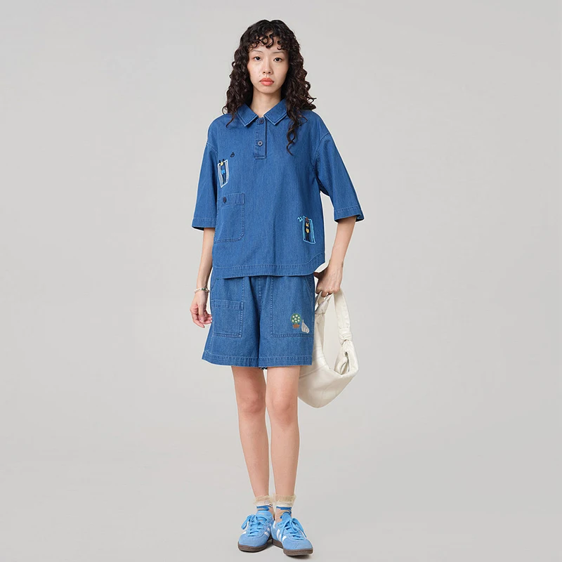 MOVEUP Casual Wide Leg Denim Shorts 2026 Summer New Cartoon Embroidery Pocket Elastic Waist Office Shorts For Women 3ELX40308