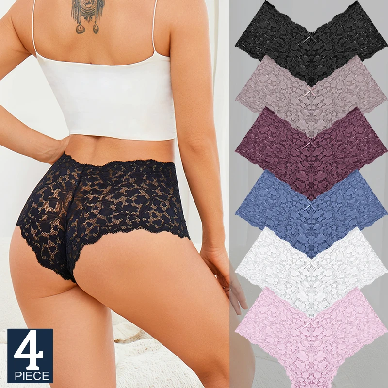 FINETOO 4Pcs Spitze Floral Horts Unterwäsche für Frauen Sexy Aushöhlen Solide Höschen Weibliche Low-Taille Atmungsaktive Mädchen dessous
