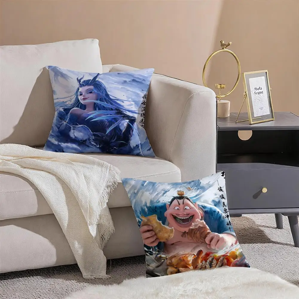 Nezha Demon Child Stirs the Sea Cushion Cover Linen Pillowcase Cover Soft Decor for Sofa Home Room