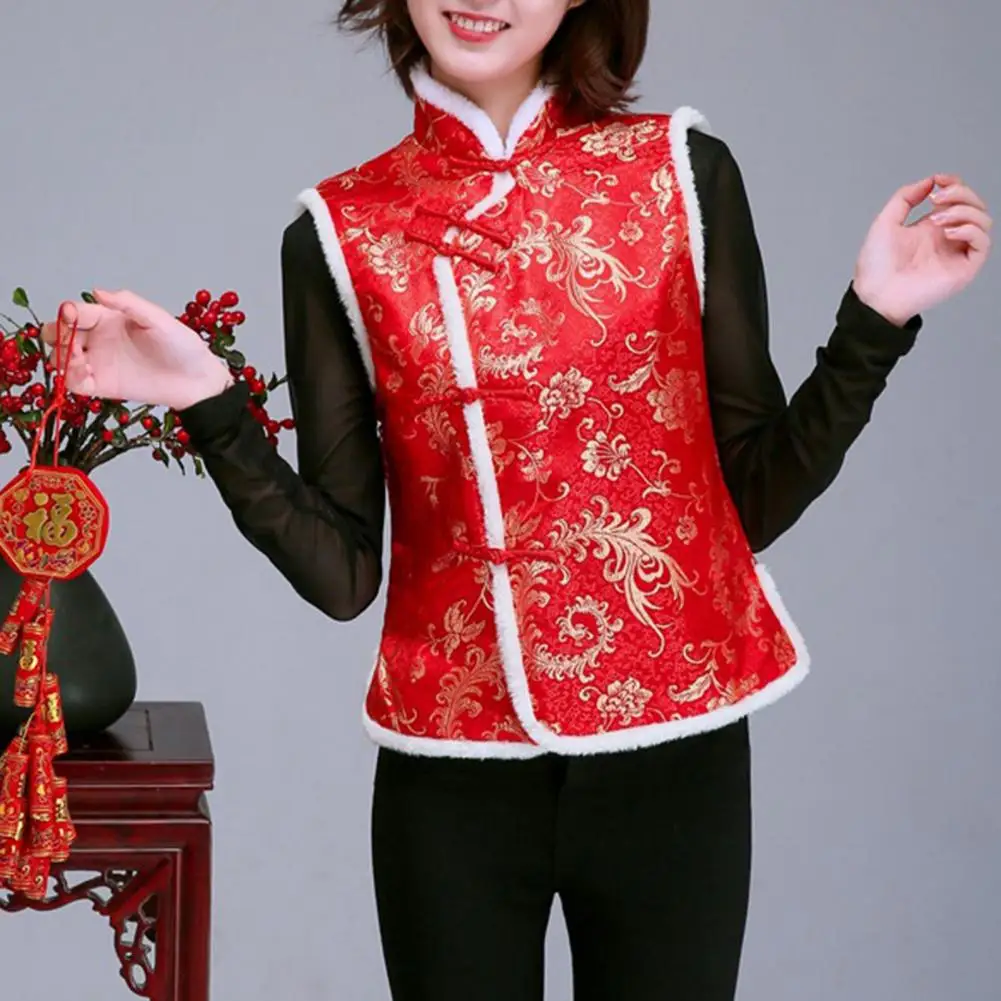 

Women Winter Vest Chinese New Year Style Stand Collar Neck Protection Women New Year Waistcoat Sleeveless Traditional Clothing